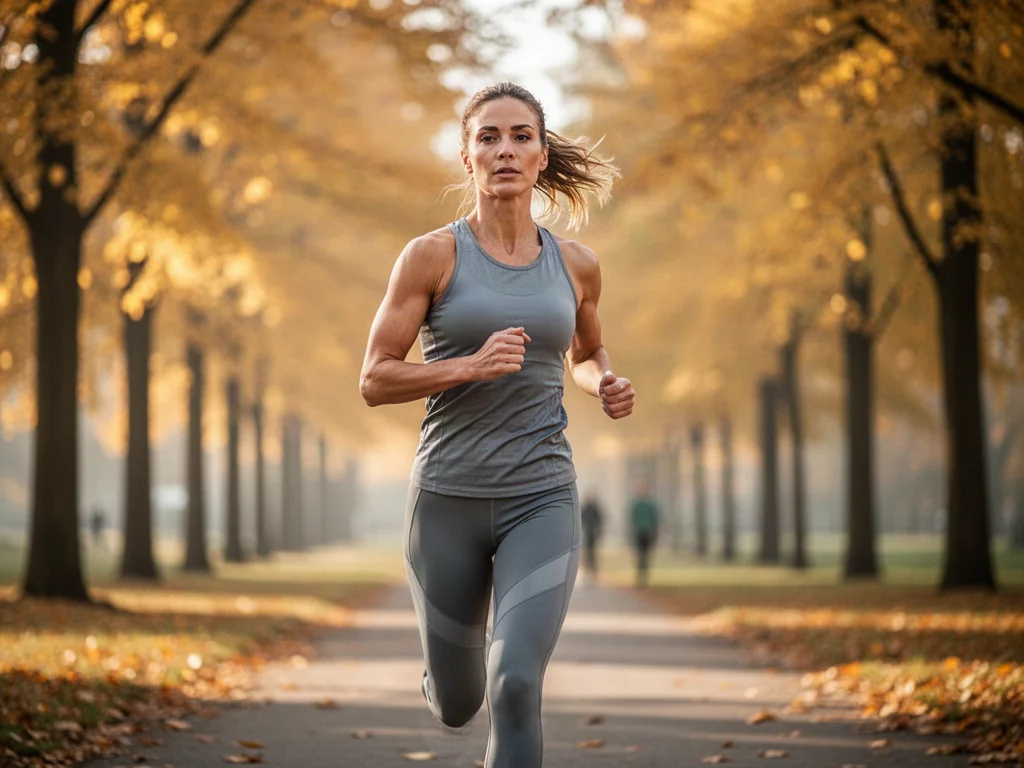 Kobieta w sportowym stroju biegnąca alejką w parku pełnym jesiennych drzew podczas słonecznego poranka.