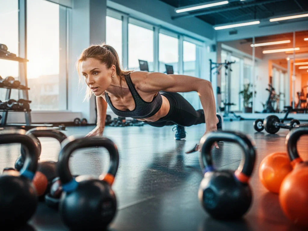 Kobieta wykonująca dynamiczne burpees w nowoczesnej siłowni, ilustrująca intensywny trening HIIT.