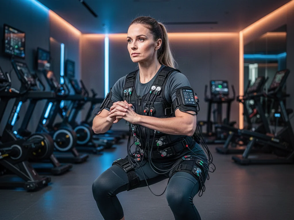 Kobieta w profesjonalnym stroju do treningu EMS wykonuje przysiad w nowoczesnym studiu fitness.