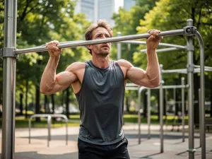 Sportowiec wykonujący wyciskanie żołnierskie ze sztangą w nowoczesnej siłowni, skupiony na prawidłowej technice ćwiczenia.