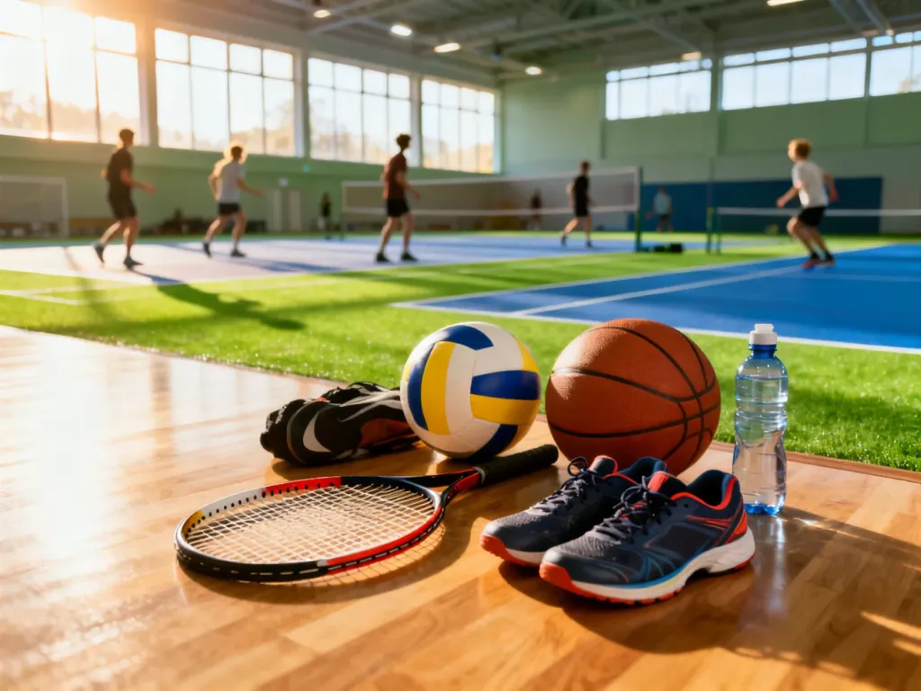 Nowoczesny kompleks sportowy w Gdańsku z różnorodnym sprzętem do piłki, siatkówki, koszykówki i tenisa, no text on the picture